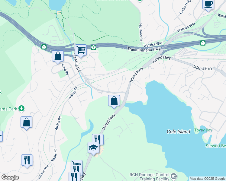 map of restaurants, bars, coffee shops, grocery stores, and more near 304 Six Mile Road in Victoria
