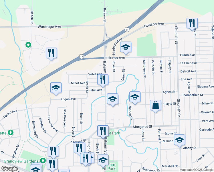 map of restaurants, bars, coffee shops, grocery stores, and more near 163 Pringle Street in Thunder Bay