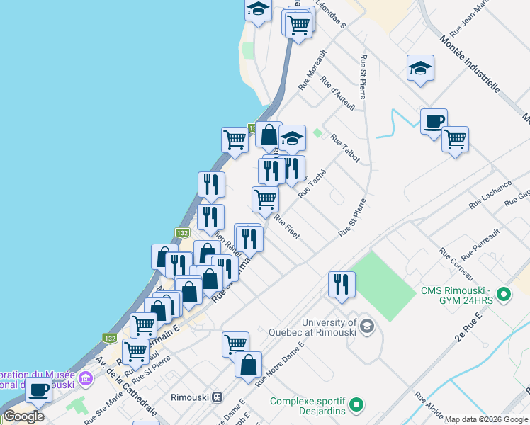 map of restaurants, bars, coffee shops, grocery stores, and more near 254 Rue Saint Germain Est in Rimouski