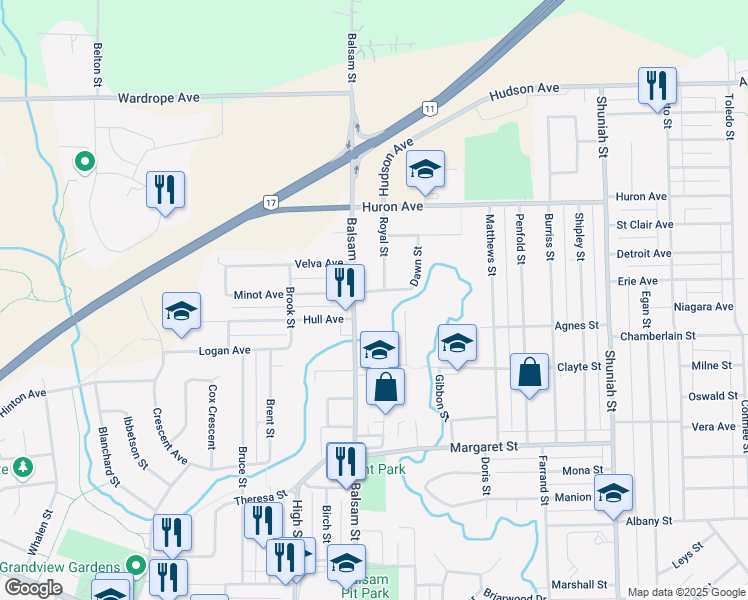 map of restaurants, bars, coffee shops, grocery stores, and more near 163 Pringle Street in Thunder Bay