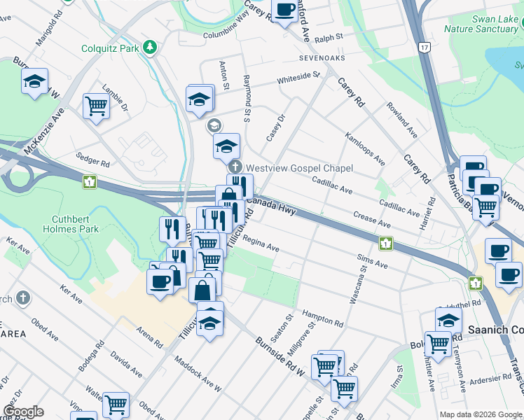 map of restaurants, bars, coffee shops, grocery stores, and more near 101-3645 Tillicum Road in Victoria