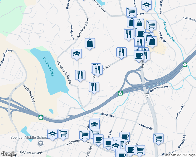 map of restaurants, bars, coffee shops, grocery stores, and more near 829 McCallum Road in Victoria