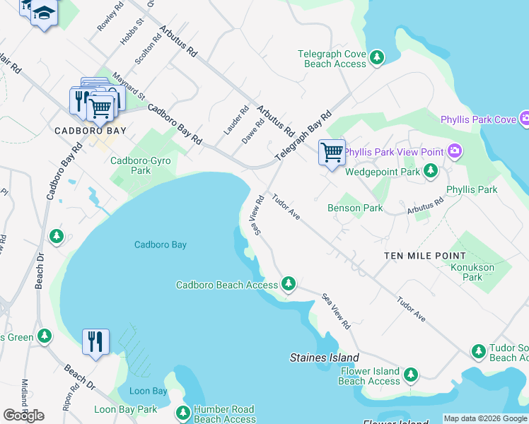 map of restaurants, bars, coffee shops, grocery stores, and more near 2755 Tudor Avenue in Victoria