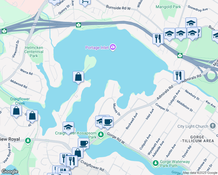 map of restaurants, bars, coffee shops, grocery stores, and more near 2885 Ashley Road in Victoria