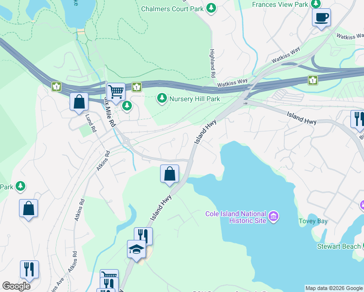 map of restaurants, bars, coffee shops, grocery stores, and more near 490 Island Highway in Victoria