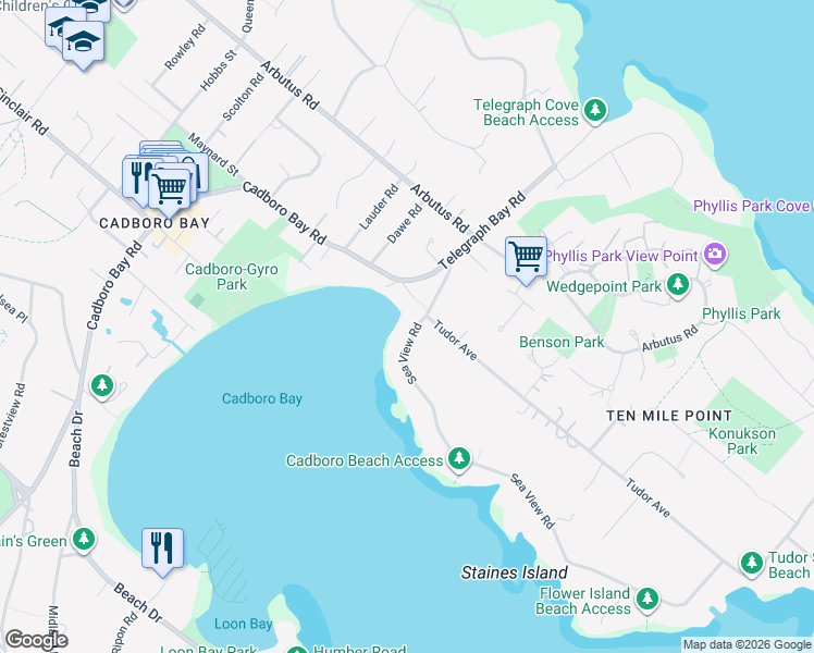 map of restaurants, bars, coffee shops, grocery stores, and more near 2705 Tudor Avenue in Victoria