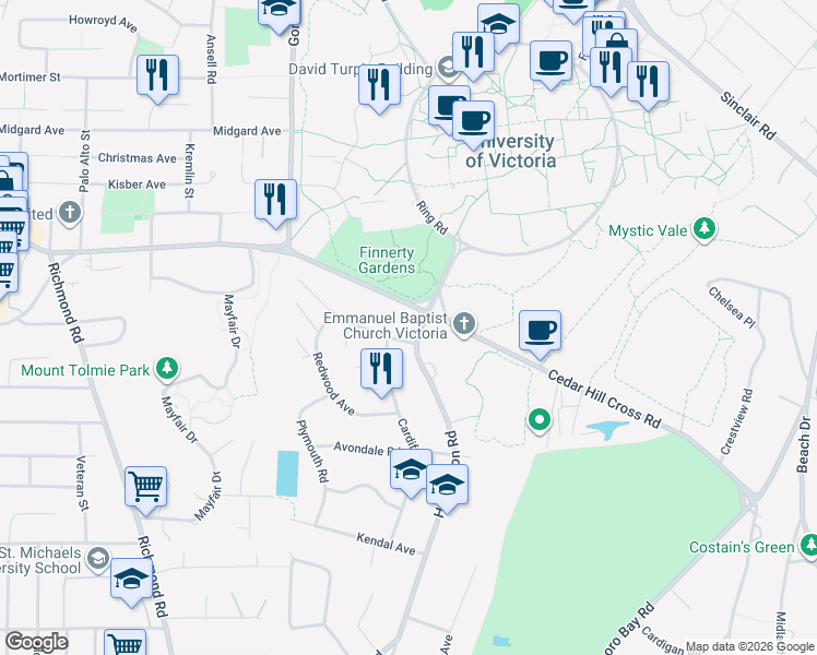 map of restaurants, bars, coffee shops, grocery stores, and more near 3564 Henderson Road in Victoria