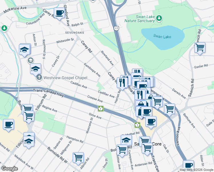 map of restaurants, bars, coffee shops, grocery stores, and more near 3812 Carey Road in Victoria