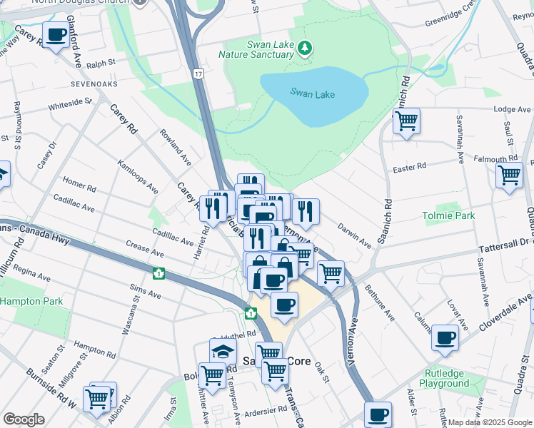 map of restaurants, bars, coffee shops, grocery stores, and more near 726 Vernon Avenue in Victoria