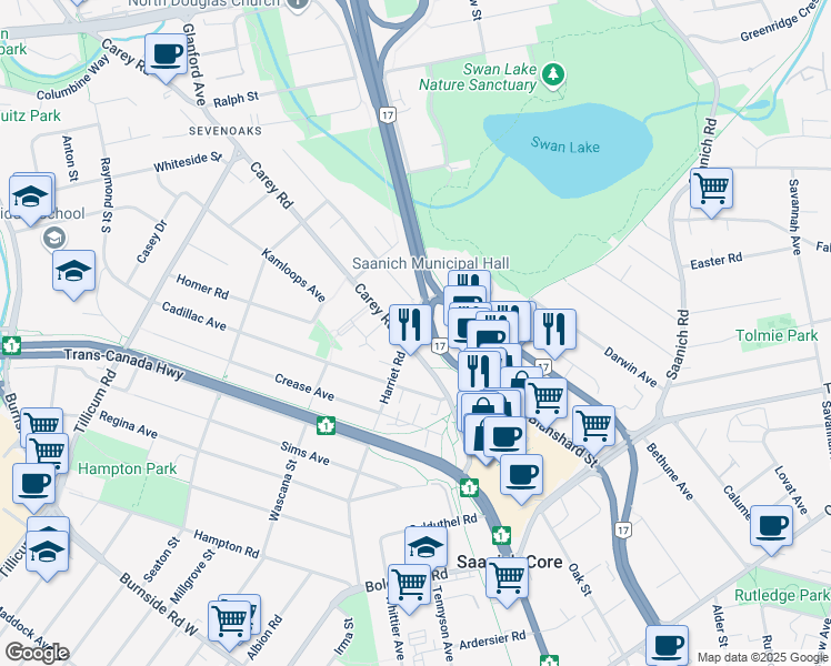 map of restaurants, bars, coffee shops, grocery stores, and more near 726 Vernon Avenue in Victoria