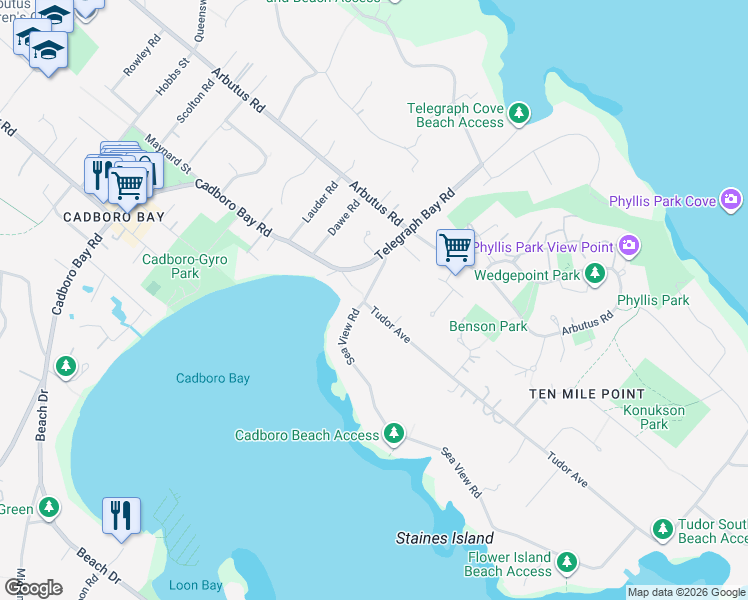 map of restaurants, bars, coffee shops, grocery stores, and more near 2684 Seaview Road in Victoria