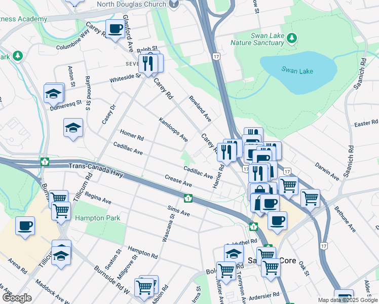 map of restaurants, bars, coffee shops, grocery stores, and more near 3816 Carey Road in Victoria