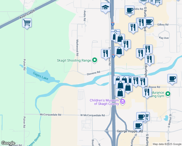 map of restaurants, bars, coffee shops, grocery stores, and more near 1647 West Stevens Road in Burlington