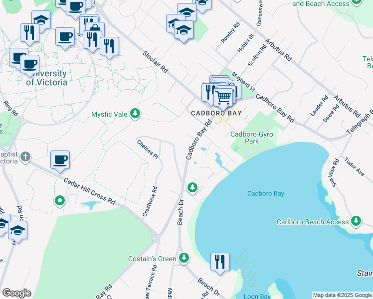 map of restaurants, bars, coffee shops, grocery stores, and more near 3770 Cadboro Bay Road in Victoria