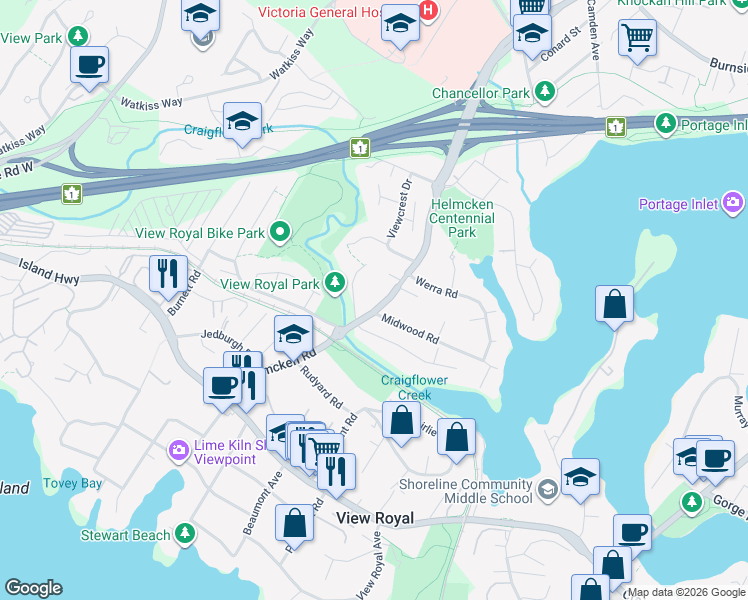 map of restaurants, bars, coffee shops, grocery stores, and more near 195 Helmcken Road in Victoria