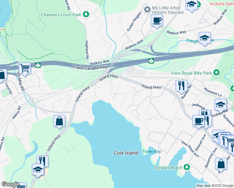map of restaurants, bars, coffee shops, grocery stores, and more near 47 Knollwood Road in Victoria