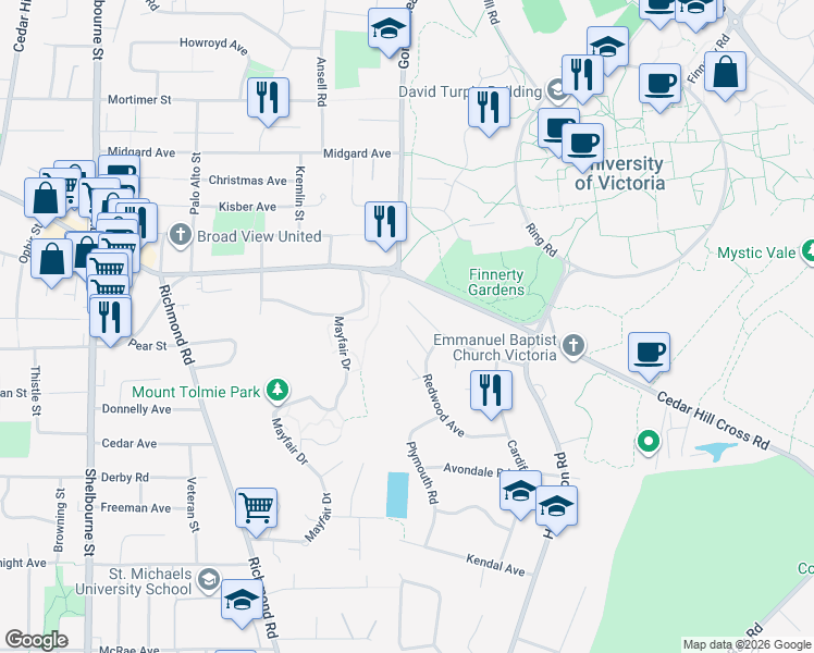 map of restaurants, bars, coffee shops, grocery stores, and more near 2005 Pelly Place in Victoria