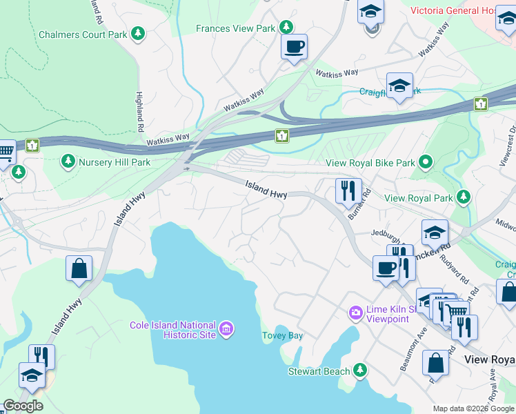 map of restaurants, bars, coffee shops, grocery stores, and more near 139 Gibraltar Bay Drive in Victoria
