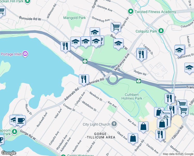 map of restaurants, bars, coffee shops, grocery stores, and more near 3117 Esson Road in Victoria