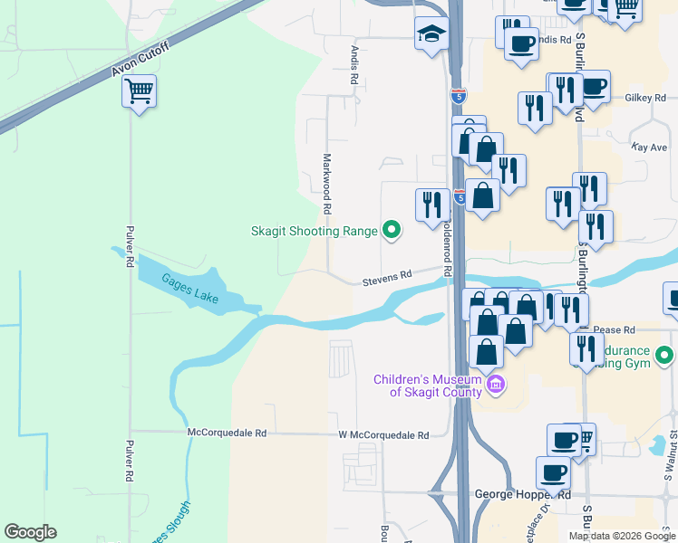 map of restaurants, bars, coffee shops, grocery stores, and more near 18453 West Stevens Road in Burlington