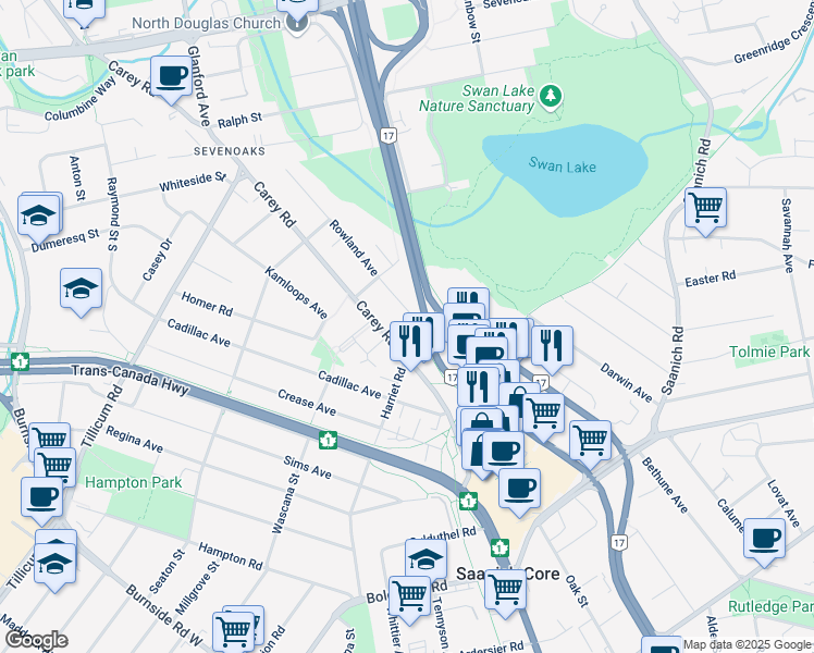 map of restaurants, bars, coffee shops, grocery stores, and more near 720 Vernon Avenue in Victoria