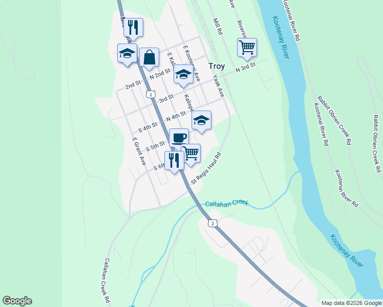 map of restaurants, bars, coffee shops, grocery stores, and more near 511 East Spokane Avenue in Troy