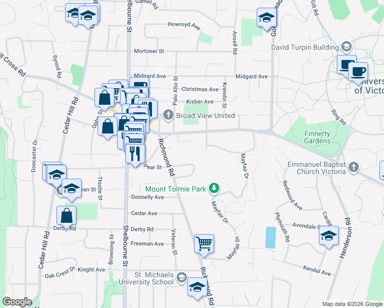 map of restaurants, bars, coffee shops, grocery stores, and more near 1701 Cedar Hill Cross Road in Victoria