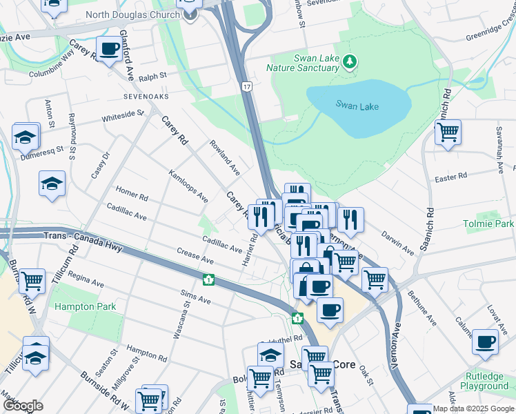 map of restaurants, bars, coffee shops, grocery stores, and more near 720 Vernon Avenue in Victoria