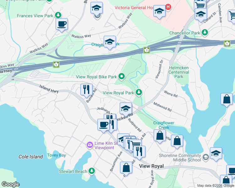 map of restaurants, bars, coffee shops, grocery stores, and more near 60 Pheasant Lane in Victoria