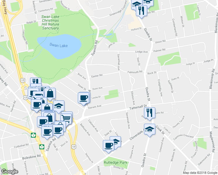 map of restaurants, bars, coffee shops, grocery stores, and more near 947 Dunn Avenue in Victoria
