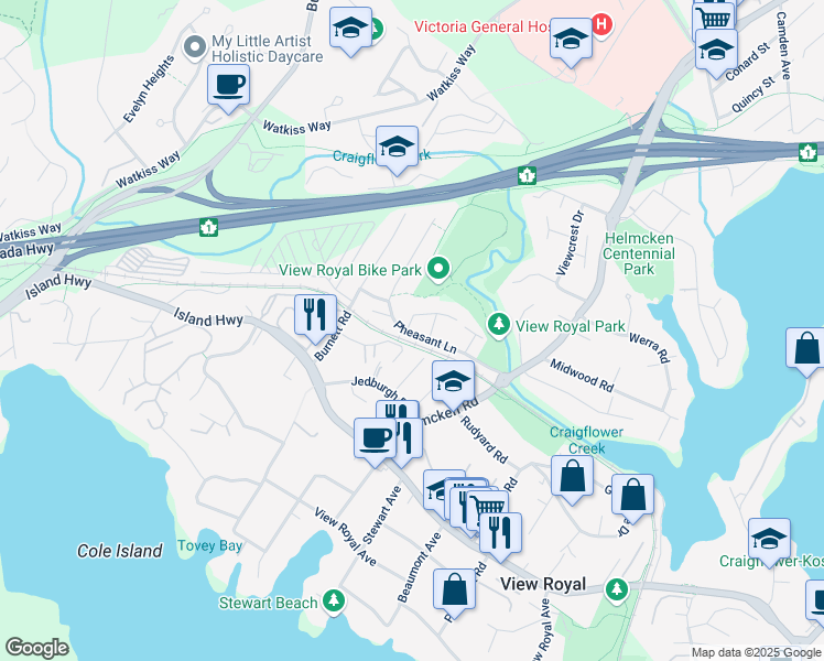 map of restaurants, bars, coffee shops, grocery stores, and more near 1360 Pheasant Lane in Victoria