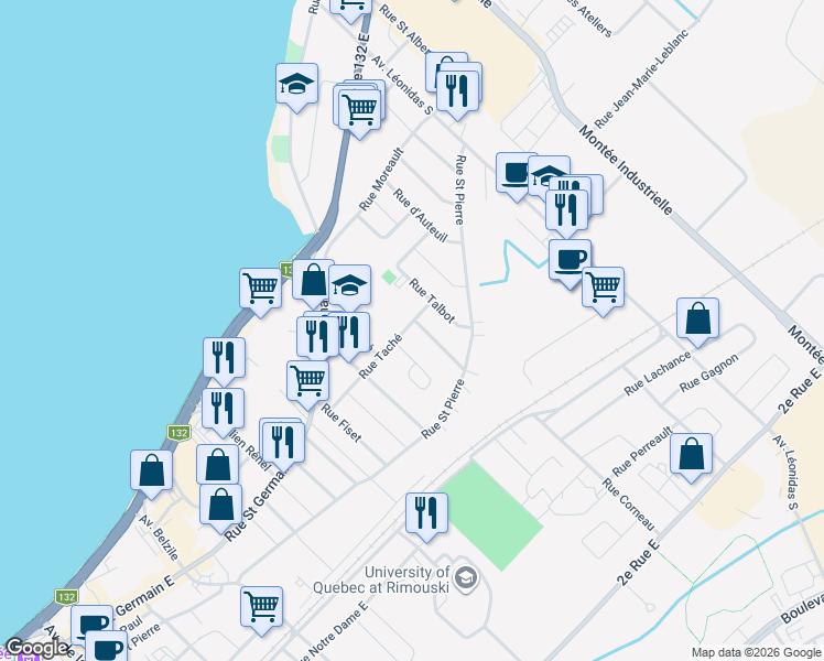 map of restaurants, bars, coffee shops, grocery stores, and more near 335 Rue Taché in Rimouski