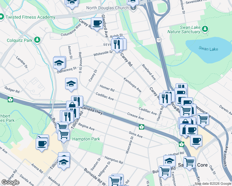 map of restaurants, bars, coffee shops, grocery stores, and more near 211 Homer Road in Victoria