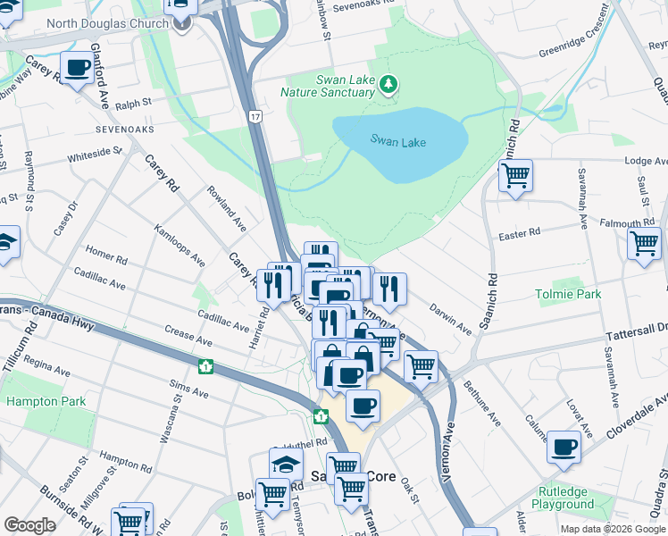 map of restaurants, bars, coffee shops, grocery stores, and more near 770 Vernon Avenue in Victoria