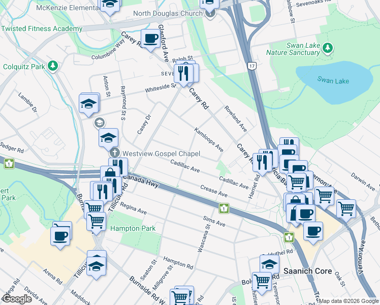map of restaurants, bars, coffee shops, grocery stores, and more near 195 Homer Road in Victoria