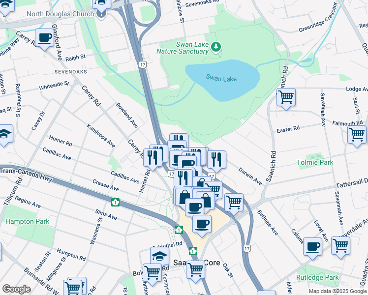 map of restaurants, bars, coffee shops, grocery stores, and more near 770 Vernon Avenue in Victoria