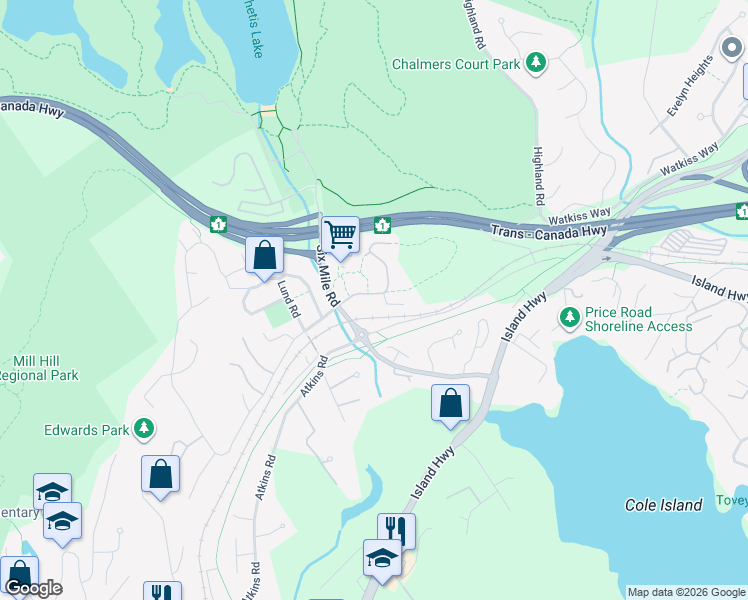 map of restaurants, bars, coffee shops, grocery stores, and more near 301 Nursery Hill Drive in Victoria