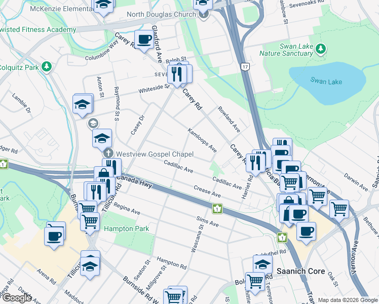 map of restaurants, bars, coffee shops, grocery stores, and more near 195 Homer Road in Victoria