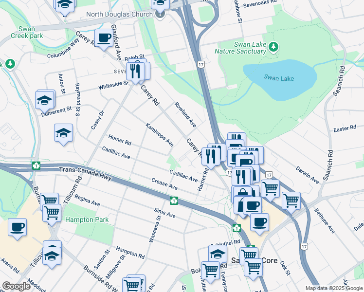 map of restaurants, bars, coffee shops, grocery stores, and more near 3814 Carey Road in Victoria