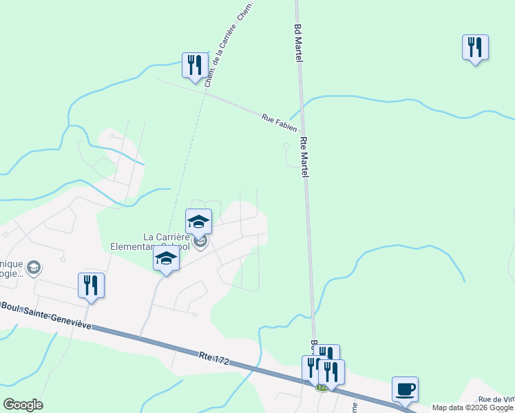 map of restaurants, bars, coffee shops, grocery stores, and more near Rue des Fougères in Saguenay