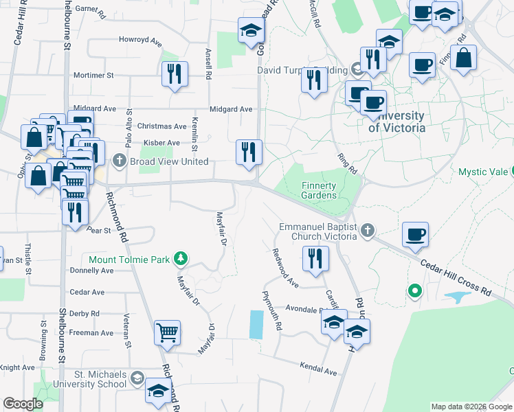 map of restaurants, bars, coffee shops, grocery stores, and more near 2005 Pelly Place in Victoria