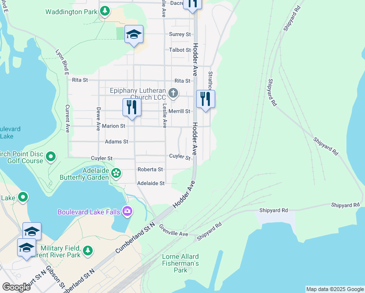 map of restaurants, bars, coffee shops, grocery stores, and more near 280 Terrace Crescent in Thunder Bay