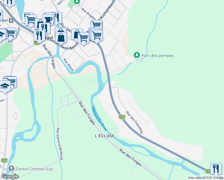 map of restaurants, bars, coffee shops, grocery stores, and more near 114 Boulevard Saint Benoît Est in Amqui
