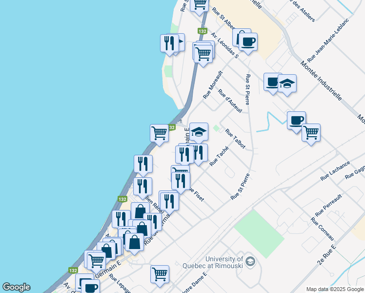 map of restaurants, bars, coffee shops, grocery stores, and more near 320 Rue Saint Germain Est in Rimouski