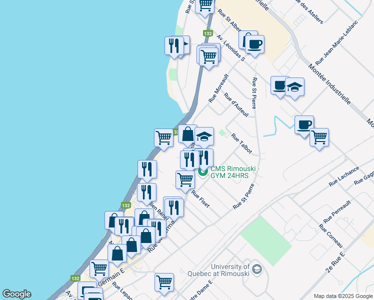 map of restaurants, bars, coffee shops, grocery stores, and more near 320 Rue Saint Germain Est in Rimouski