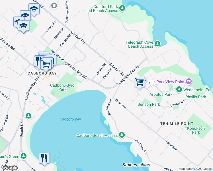 map of restaurants, bars, coffee shops, grocery stores, and more near 3930 Telegraph Bay Road in Victoria
