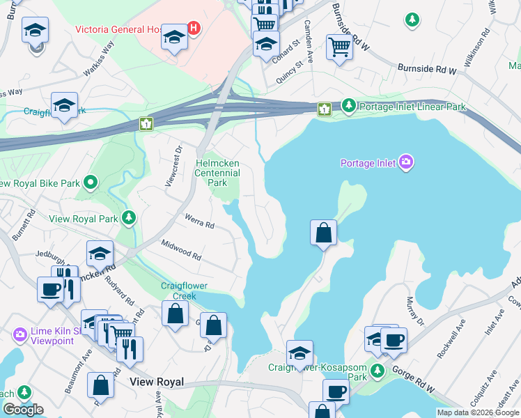 map of restaurants, bars, coffee shops, grocery stores, and more near in Victoria