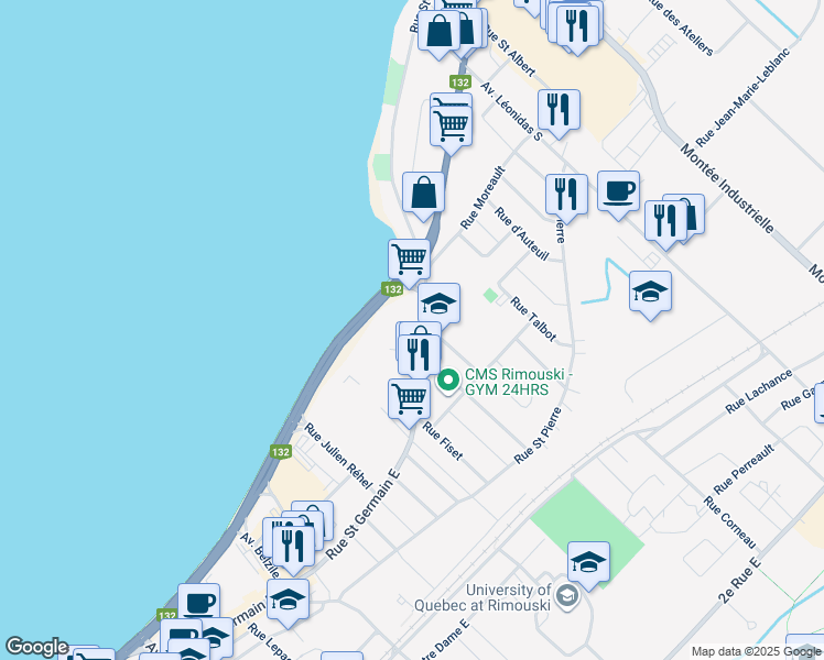 map of restaurants, bars, coffee shops, grocery stores, and more near 320 Rue Saint Germain Est in Rimouski