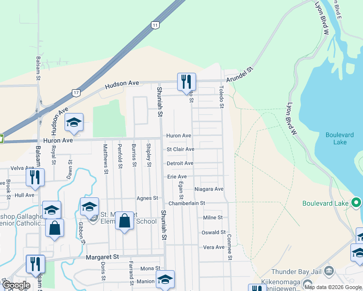 map of restaurants, bars, coffee shops, grocery stores, and more near 860 Saint Clair Avenue in Thunder Bay
