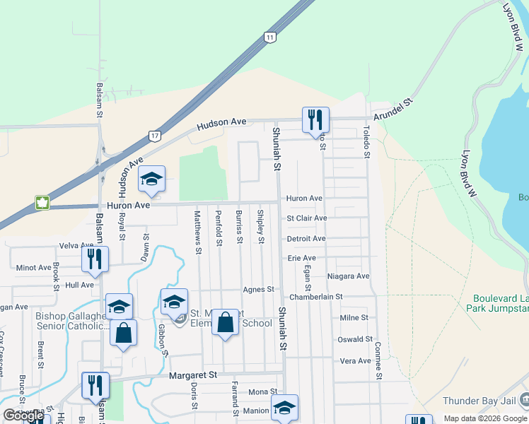 map of restaurants, bars, coffee shops, grocery stores, and more near 174 Shipley Street in Thunder Bay